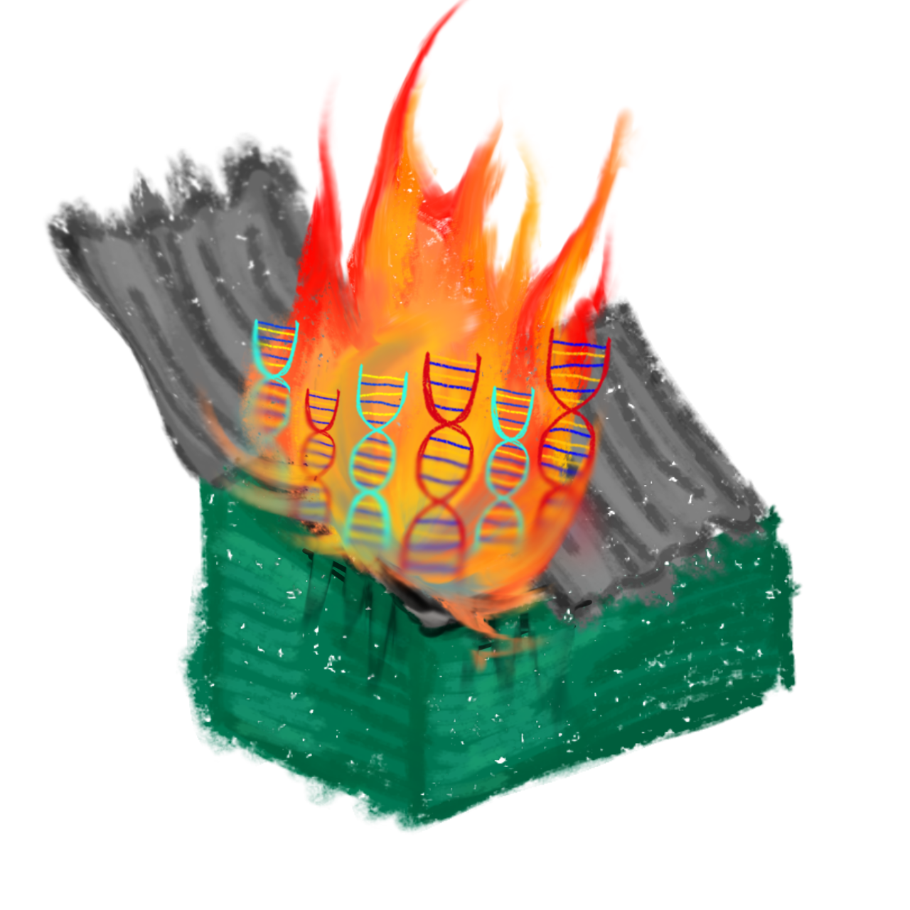 a green dumpster on fire, with bright orange and yellow flames. Inside the flames are several colorful DNA helix symbols, floating amidst the fire.